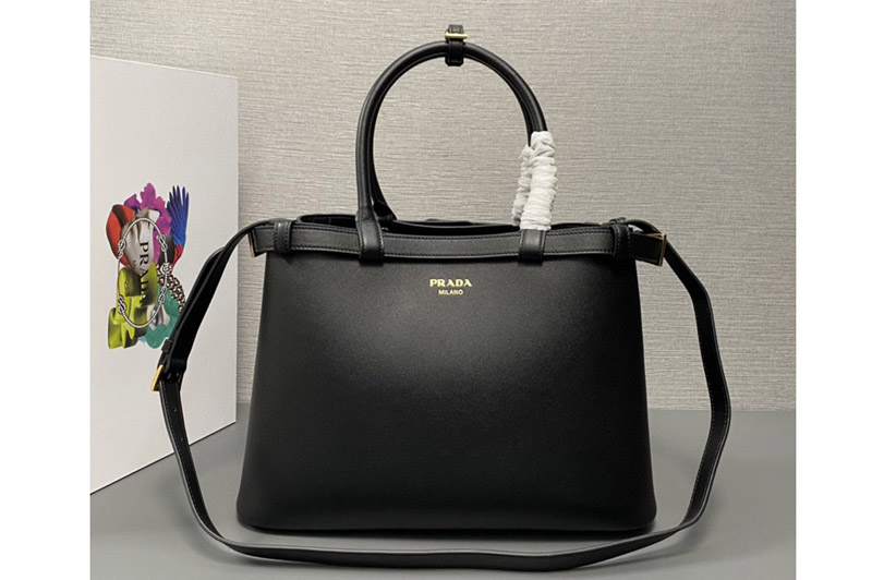 Prada 1BA417 Medium leather handbag with belt in Black Leather