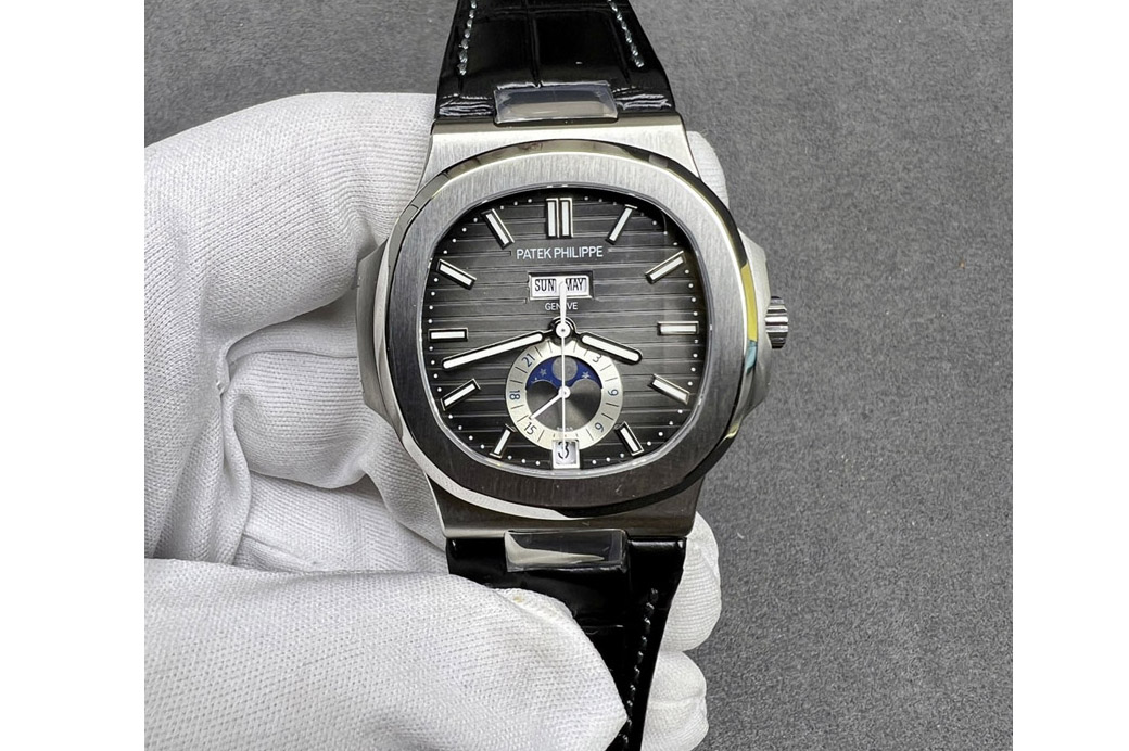 Patek Philippe Nautilus 5726 Complicated SS GRF 1:1 Best Edition Black Textured Dial on Black Leather Strap A324