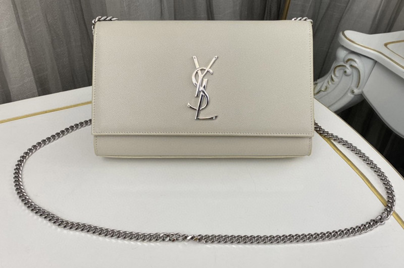 Saint Laurent 364021 YSL KATE MEDIUM bag IN White GRAIN DE POUDRE EMBOSSED LEATHER With Silver