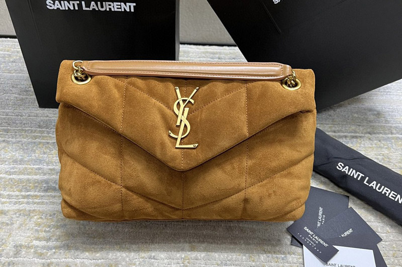Saint Laurent 577476 YSL PUFFER SMALL Bag IN Brown QUILTED Suede