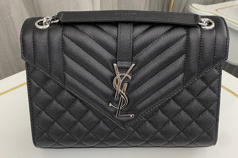 Saint Laurent 600185 YSL ENVELOPE MEDIUM bag IN Black QUILTED GRAIN DE POUDRE EMBOSSED LEATHER With Silver