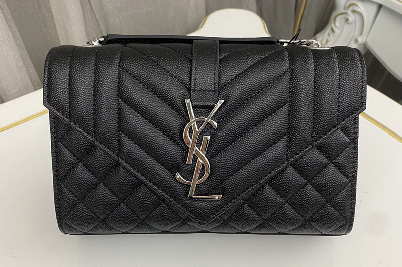Saint Laurent 600195 YSL ENVELOPE SMALL bag IN Black QUILTED GRAIN DE POUDRE EMBOSSED LEATHER With Silver