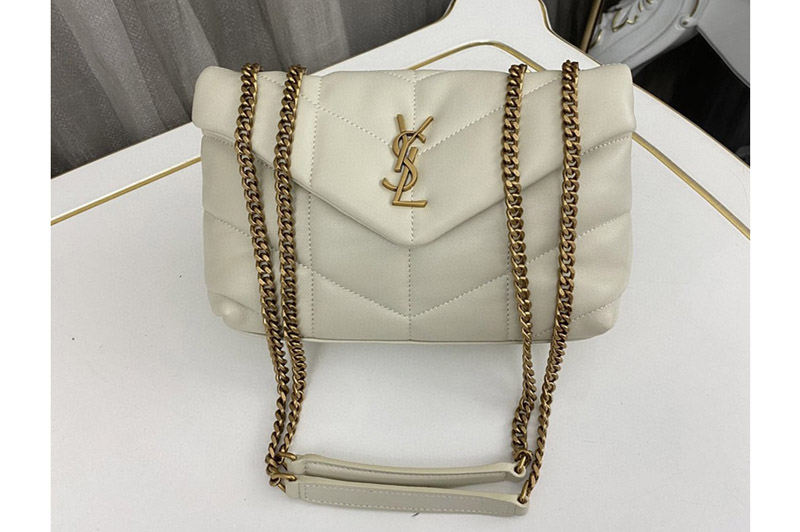 Saint Laurent 759337 YSL TOY PUFFER Bag IN White LEATHER With Gold Buckle