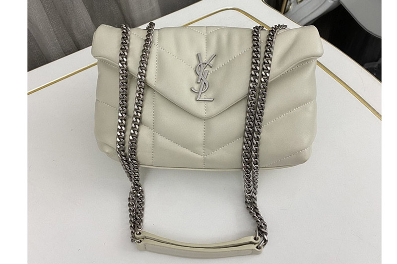 Saint Laurent 759337 YSL TOY PUFFER Bag IN White LEATHER With Silver Buckle