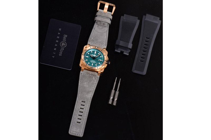 Bell&Ross BR 03-92 Diver Ceramic Bezel Bronze B12 1:1 Best Edition Green Dial on Gray Leather Strap MIYOTA 9015 (Free Black Rubb