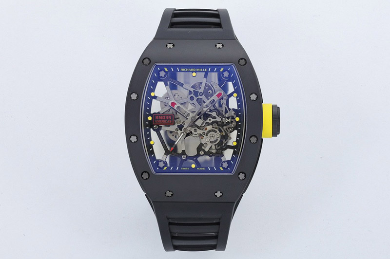 Richard Mille RM035 Americas Black Ceramic ZF 1:1 Best Edition Skeleton Dial on Black Rubber Strap RMUL1 Super Clone