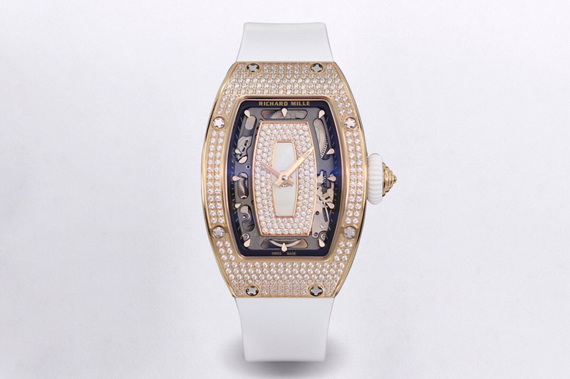 Richard Mille RM07 Ladies Full Diamonds RG ZF 1:1 Best Edition White MOP Dial on White Rubber Strap CRMA2 Clone