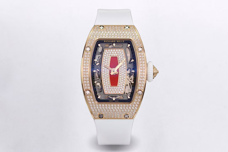 Richard Mille RM07 Ladies Full Diamonds RG ZF 1:1 Best Edition Red Dial on White Rubber Strap CRMA2 Clone