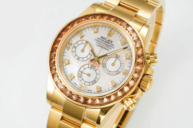 Rolex Daytona Cosmograph Yellow T Crystals Bezel YG PPMF Best Mop White Dial On SS Bracelet A4801