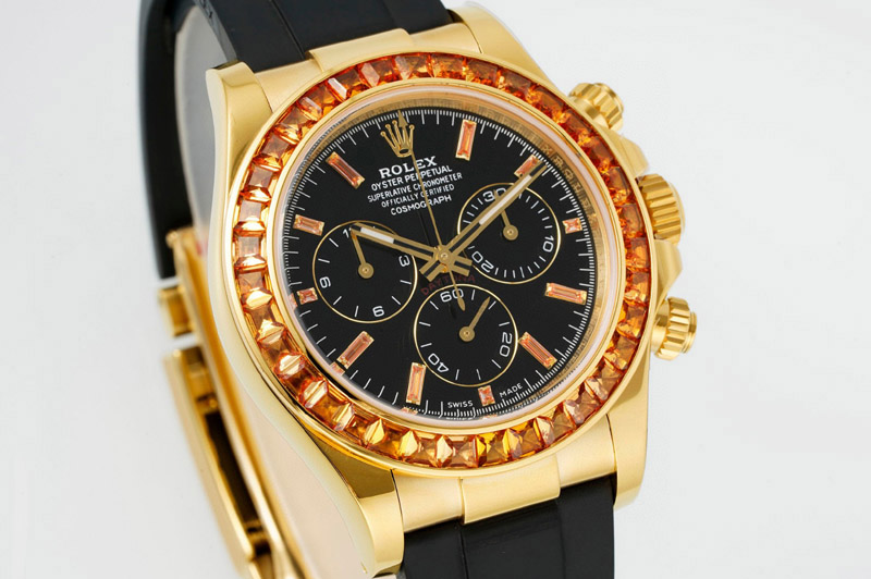Rolex Daytona Cosmograph Yellow T Crystals Bezel YG PPMF Best Black Dial On Black Rubber Band A4801