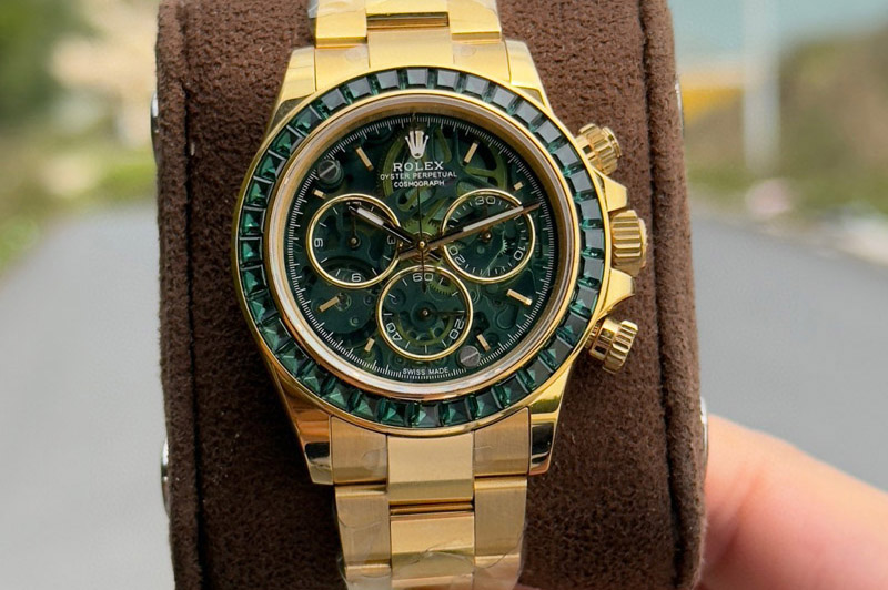 Rolex Daytona Cosmograph GreenT Crystals Bezel RG PPMF Best Skeleton Dial On RG Bracelet A4801