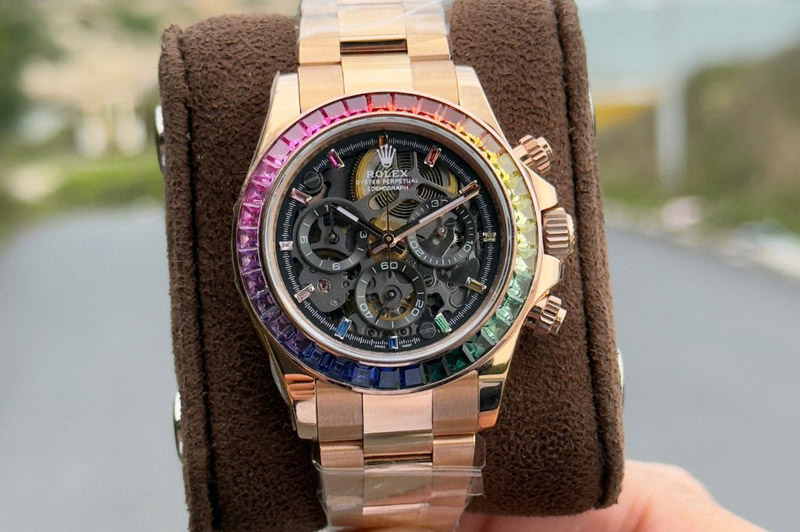 Rolex Daytona Cosmograph Rainbow T Crystals Bezel RG PPMF Best Skeleton Dial On RG Bracelet A4801