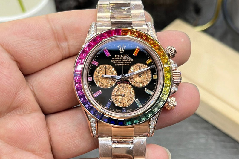 Rolex Daytona RG SONIC Best Edition Black Dial Rainbow Bezel on RG Bracelet SA4130