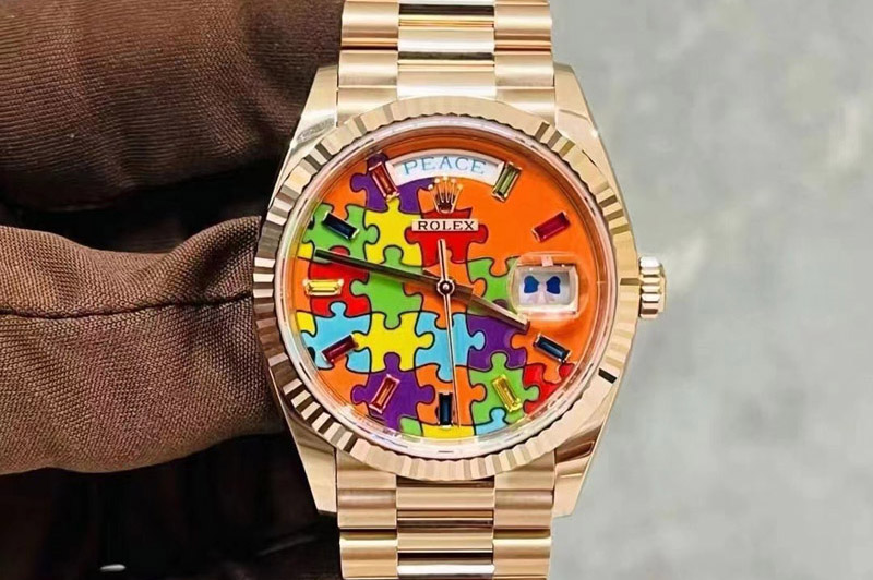 Rolex Daydate 128235 36mm Colour Jigsaw Puzzle RG QHF Best Edition Orange Dial on RG President Bracelet A2834
