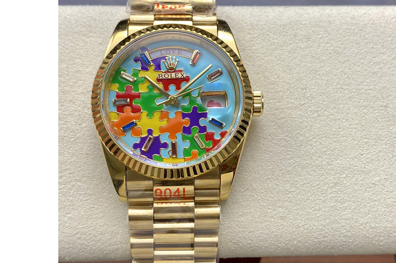 Rolex Daydate 128238 36mm Colour Jigsaw Puzzle YG QHF Best Edition Turquoise Blue Dial on YG President Bracelet A2834