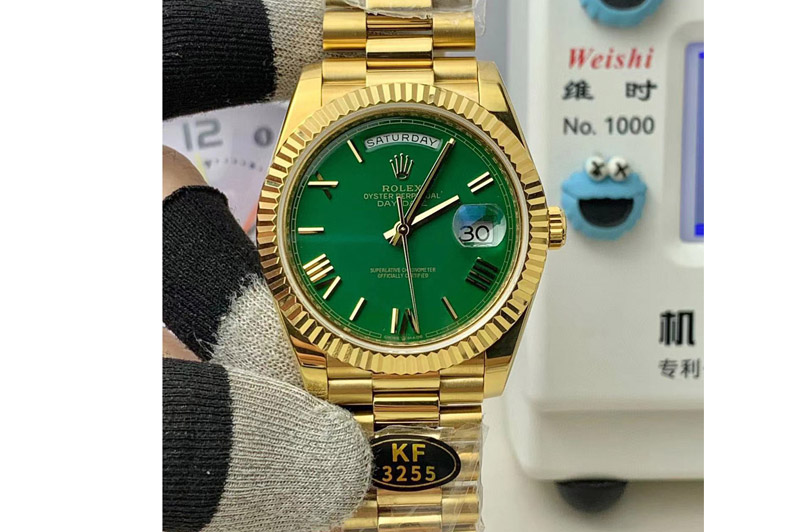 Rolex Day Date 228238 40mm YG KF 1:1 Best Edition Green Gradient Dial Roman Markers On RG President Bracelet SA3255 (Gain Weight