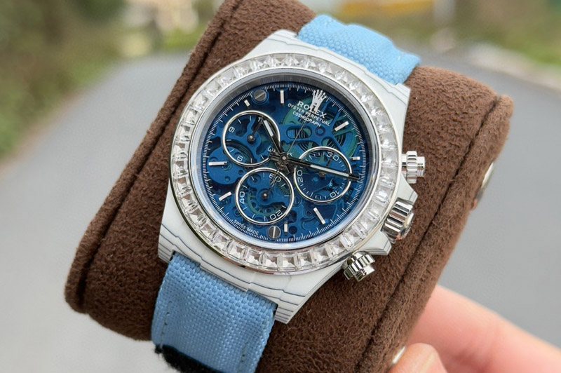 Rolex Daytona Cosmograph White Carbon PPMF Best Blue Skeleton Dial on White Nylon Strap A4801