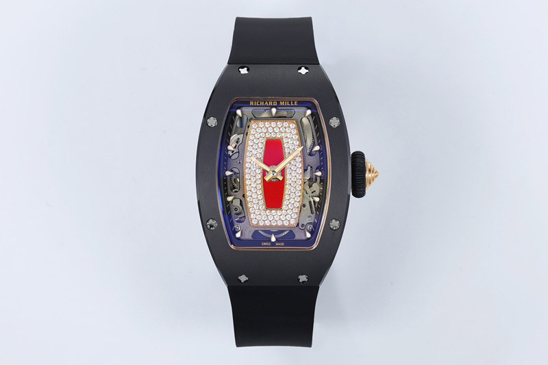 Richard Mille RM07 Real Black Ceramic RG ZF Best Edition Red MOP Diamond Skeleton Dial On Black Rubber Strap Asian CRMA2 Clone