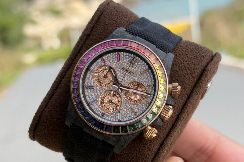 Rolex Daytona Cosmograph Black Carbon PPMF Best Edition Full Diamond Dial Black Nylon Strap A4801