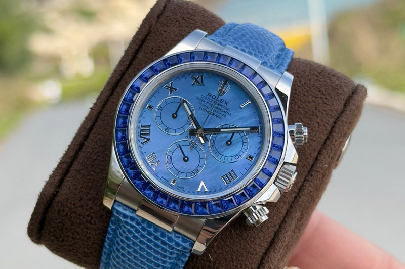 Rolex Daytona Cosmograph Blue T Crystals Bezel SS PPMF Best Blue MOP Dial On Blue Leather Strap A4801