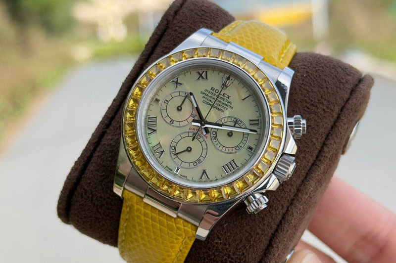 Rolex Daytona Cosmograph Green T Crystals Bezel SS PPMF Best Yellow MOP Dial On Yellow Leather Strap A4801