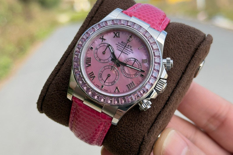 Rolex Daytona Cosmograph Pink T Crystals Bezel SS PPMF Best Pink MOP Dial On Pink Leather Strap A4801