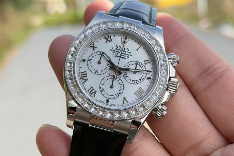 Rolex Daytona Cosmograph Light T Crystals Bezel SS PPMF Best White MOP Dial On Black Leather Strap A4801