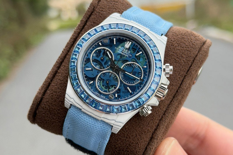Rolex Daytona Cosmograph White Carbon Blue T Crystals Bezel PPMF Best Blue Skeleton Dial on White Nylon Strap A4801