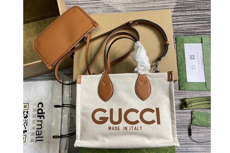 Gucci 772144 Small Tote Bag With Gucci Print in Beige cotton linen canvas With Brown
