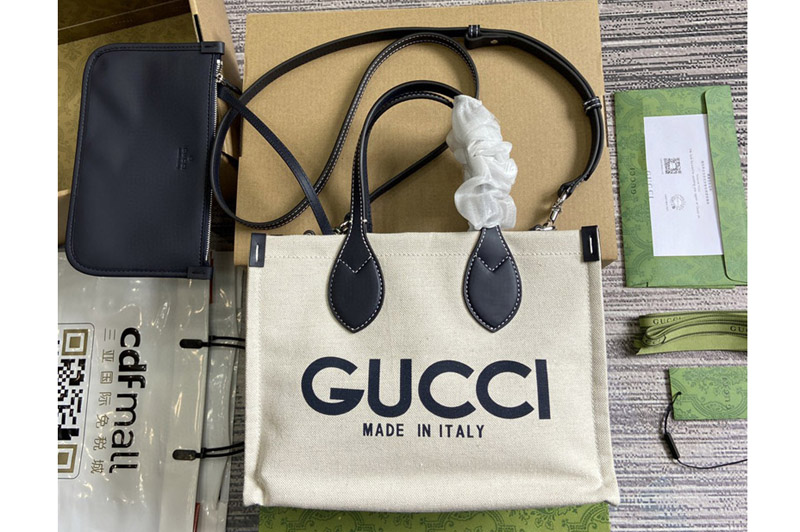 Gucci 772144 Small Tote Bag With Gucci Print in Beige cotton linen canvas With Black