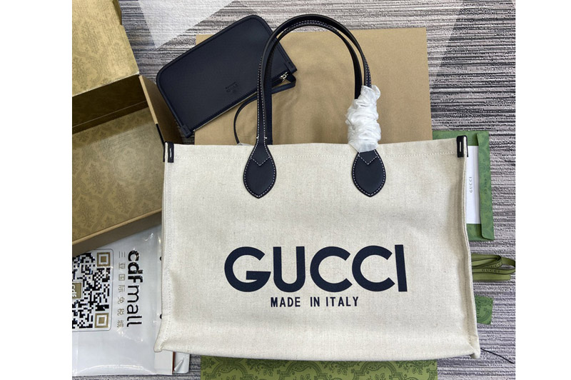 Gucci 772176 Medium Tote Bag With Gucci Print in Beige cotton linen canvas With Black