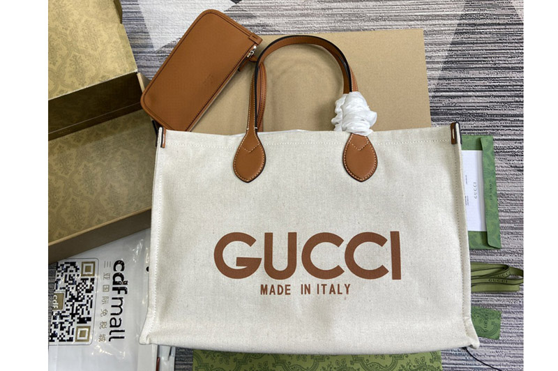 Gucci 772176 Medium Tote Bag With Gucci Print in Beige cotton linen canvas With Brown