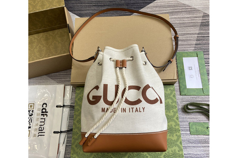 Gucci 772856 Small Shoulder Bag With Gucci Print in Beige cotton linen canvas With Brown