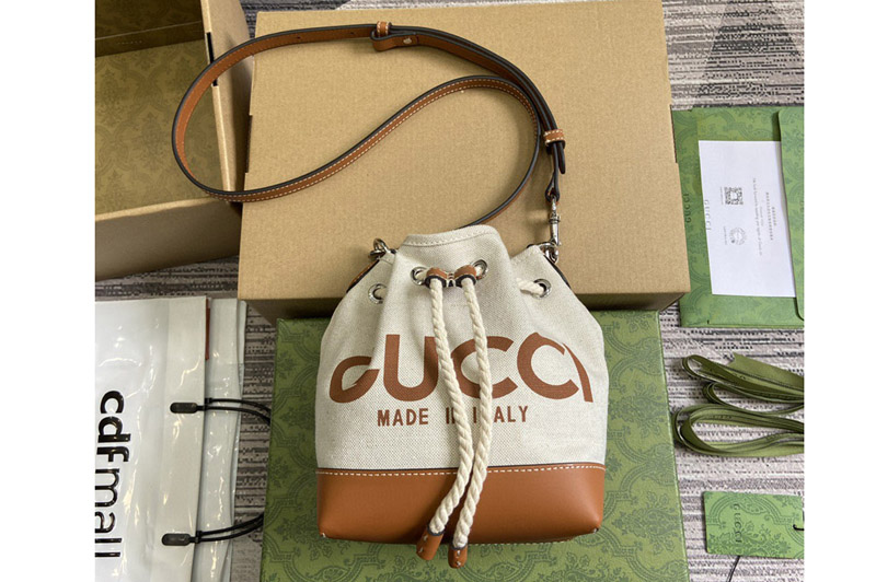 Gucci 777166 Mini Shoulder Bag With Gucci Print in Beige cotton linen canvas With Brown