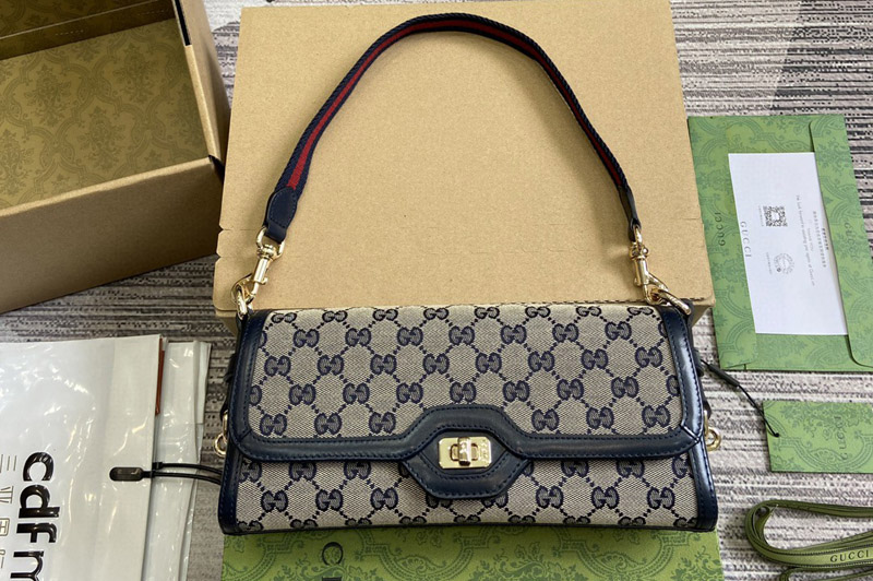 Gucci 786027 Gucci Luce Small shoulder bag in Beige and blue Original GG canvas