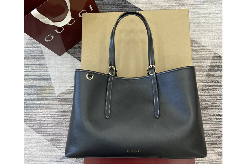 Gucci 815213 GG Emblem medium tote bag in Black smooth leather
