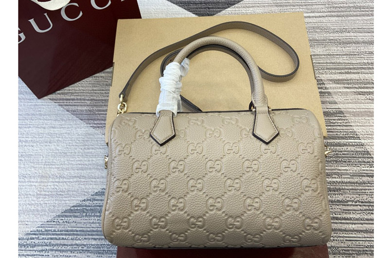 Gucci 815255 GG Emblem small top handle bag in Taupe GG grainy leather