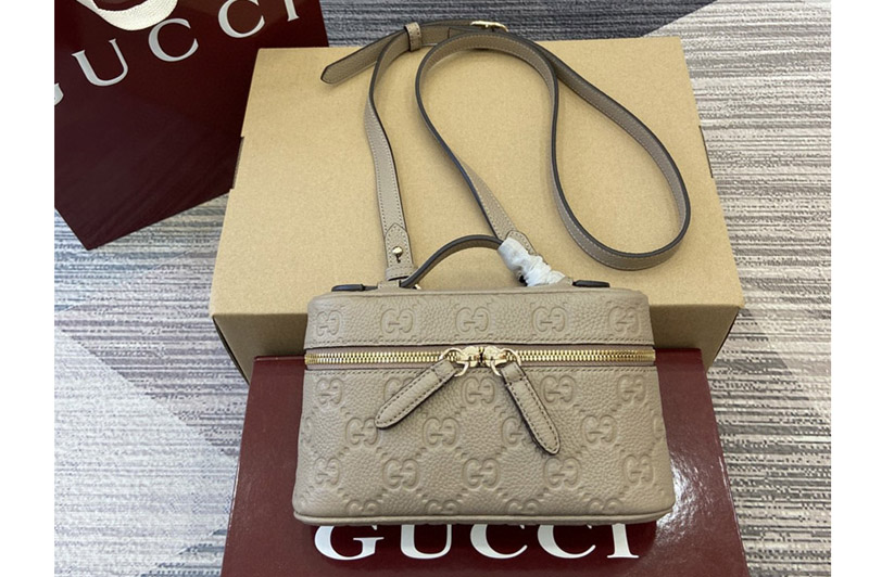 Gucci 815949 GG Emblem super mini bag in Taupe GG grainy leather