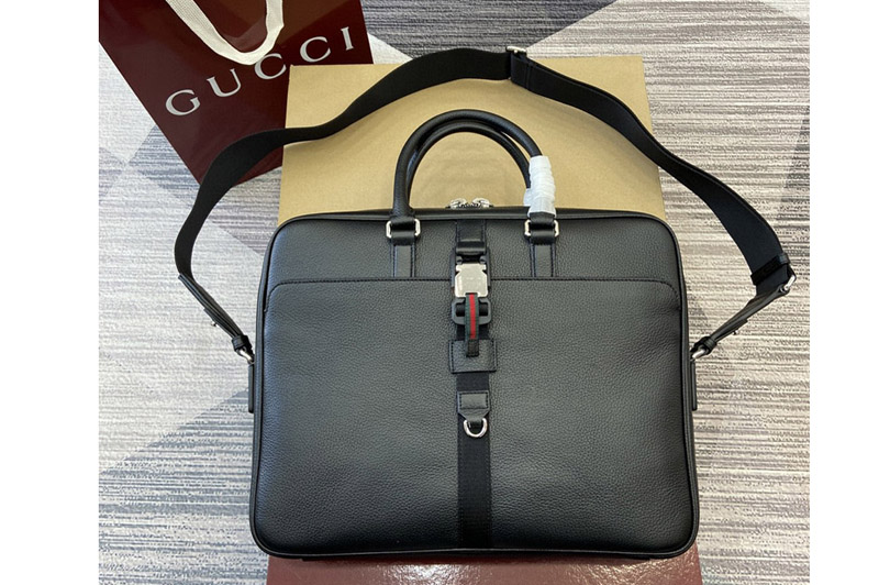 Gucci 816757 Medium briefcase bag With Web in Black soft grainy leather