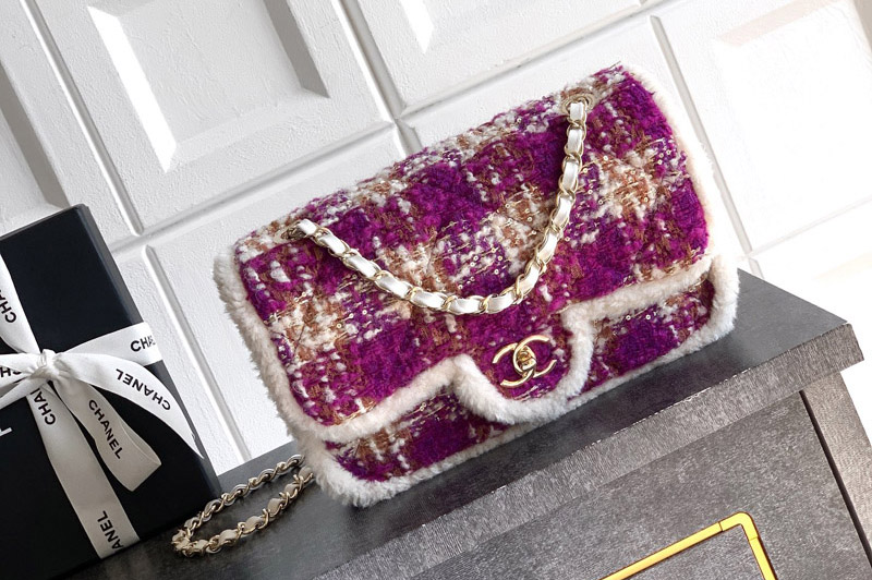 CC AS5686 Large Flap Bag in Fuschia/Pink Tweed