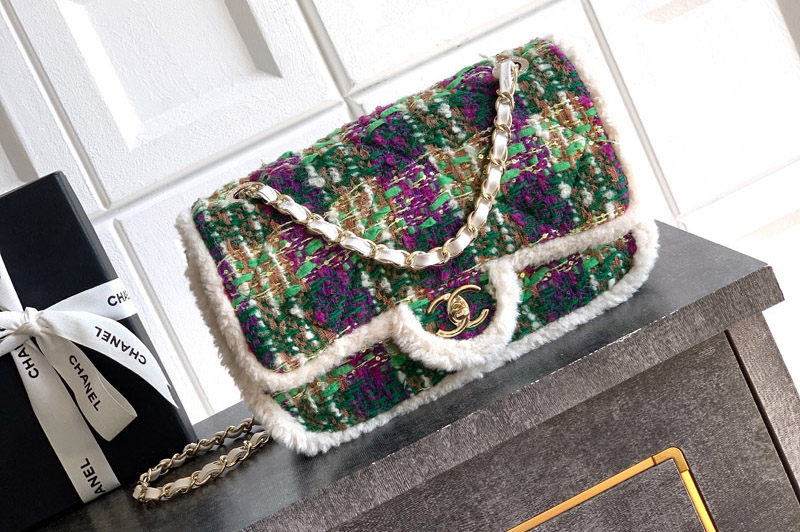 CC AS5686 Large Flap Bag in Green/Purple Tweed