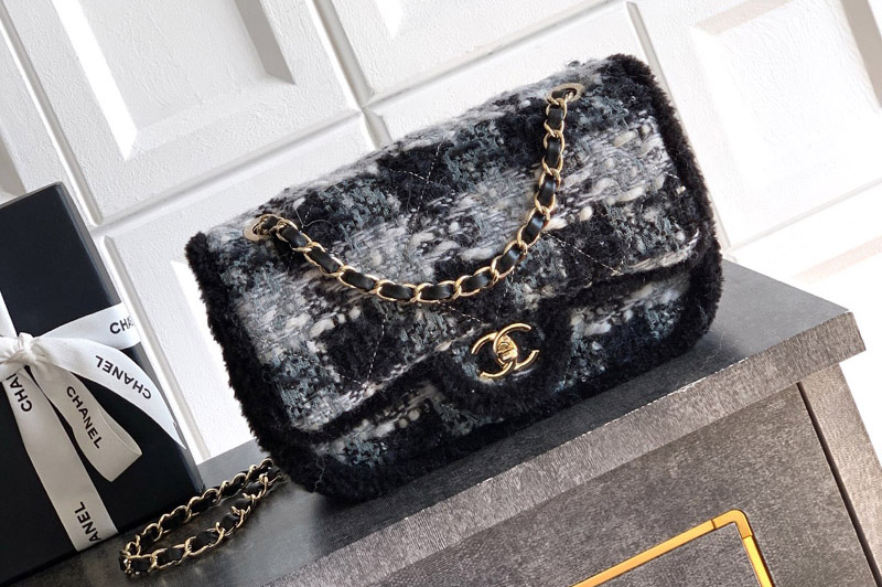 CC AS5686 Large Flap Bag in Black & Gray Tweed