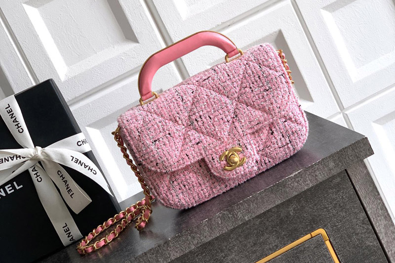 CC AS5805 Mini Flap Bag With Top Handle In Pink Tweed