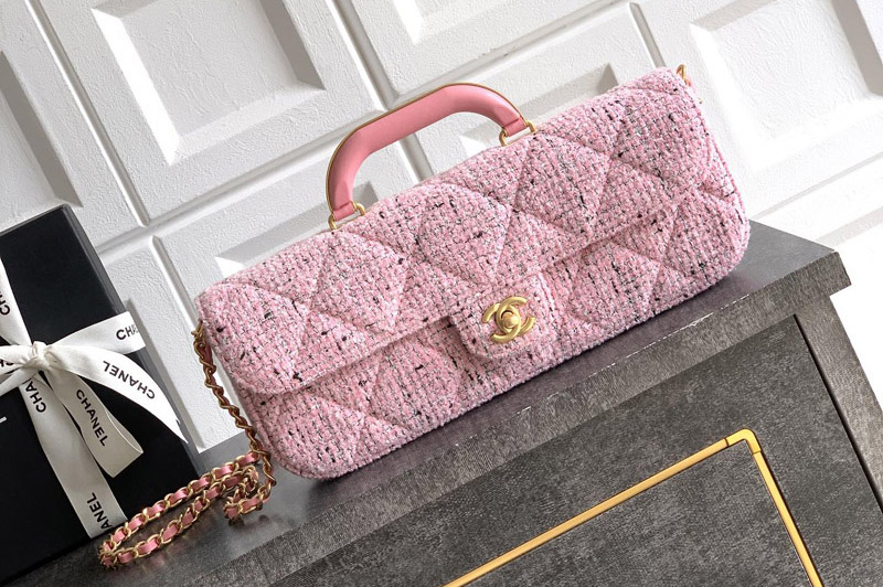 CC AS5807 Large Flap Bag With Top Handle In Pink Tweed