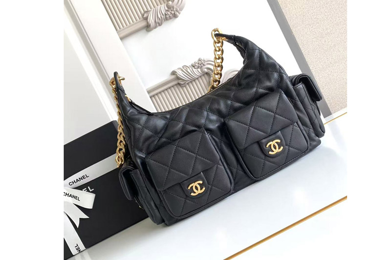 CC AS5302 Maxi Hobo Bag in Black Leather