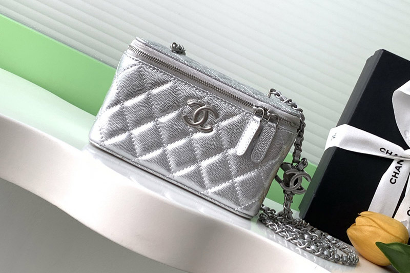 CC Long Vanity With Chain in Silver Leather