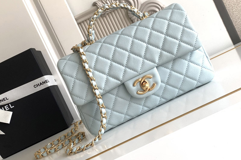 CC AS5702 Small Flap Bag With Top Handle In Blue Leather