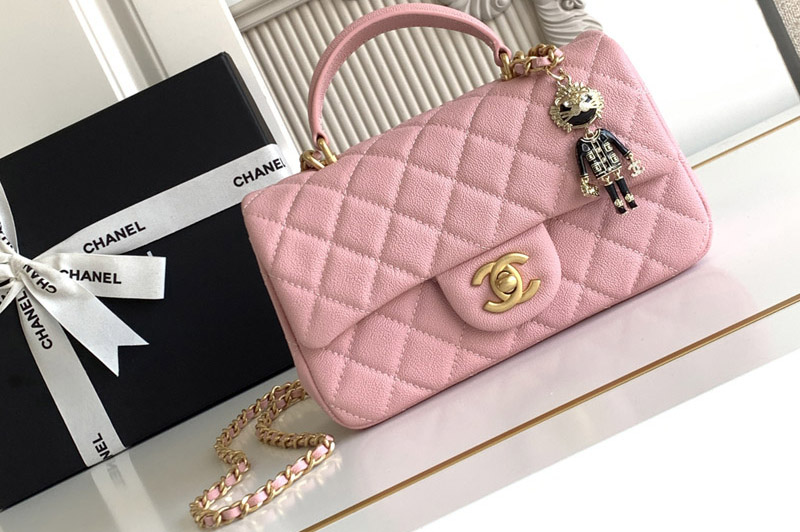 CC Mini Flap Bag With Top Handle In Pink Leather