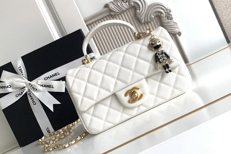 CC Mini Flap Bag With Top Handle In White Leather