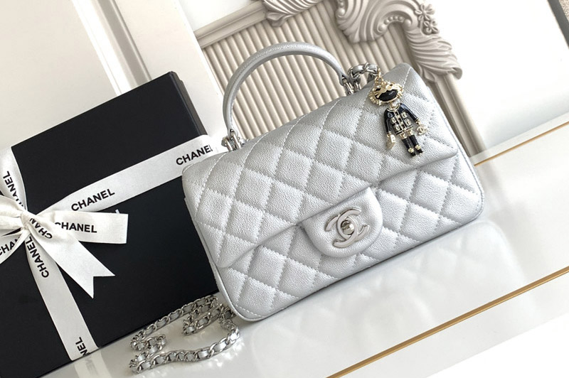 CC Mini Flap Bag With Top Handle In Silver Leather